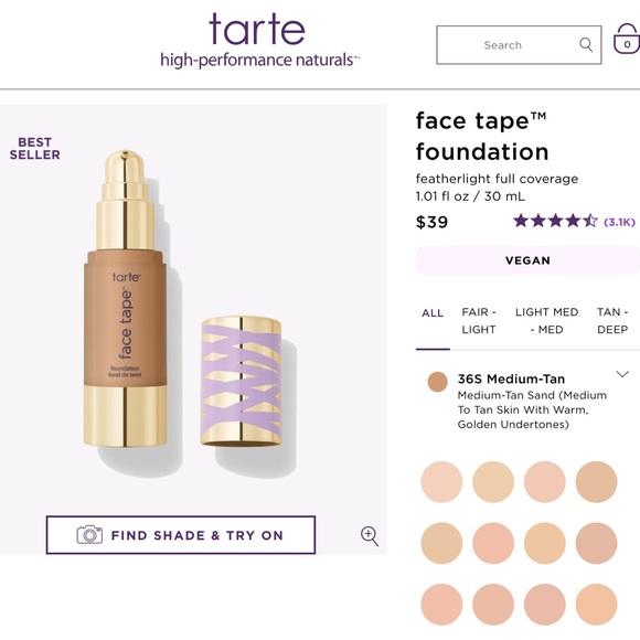 NIB NWT Tarte Face Tape Foundation Makeup Featherlight full coverage 36S - Picture 4 of 8